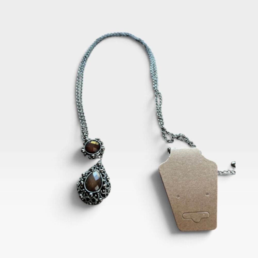 Silver-Tone Filigree Necklace Faceted Brown Glass Teardrop Pendant